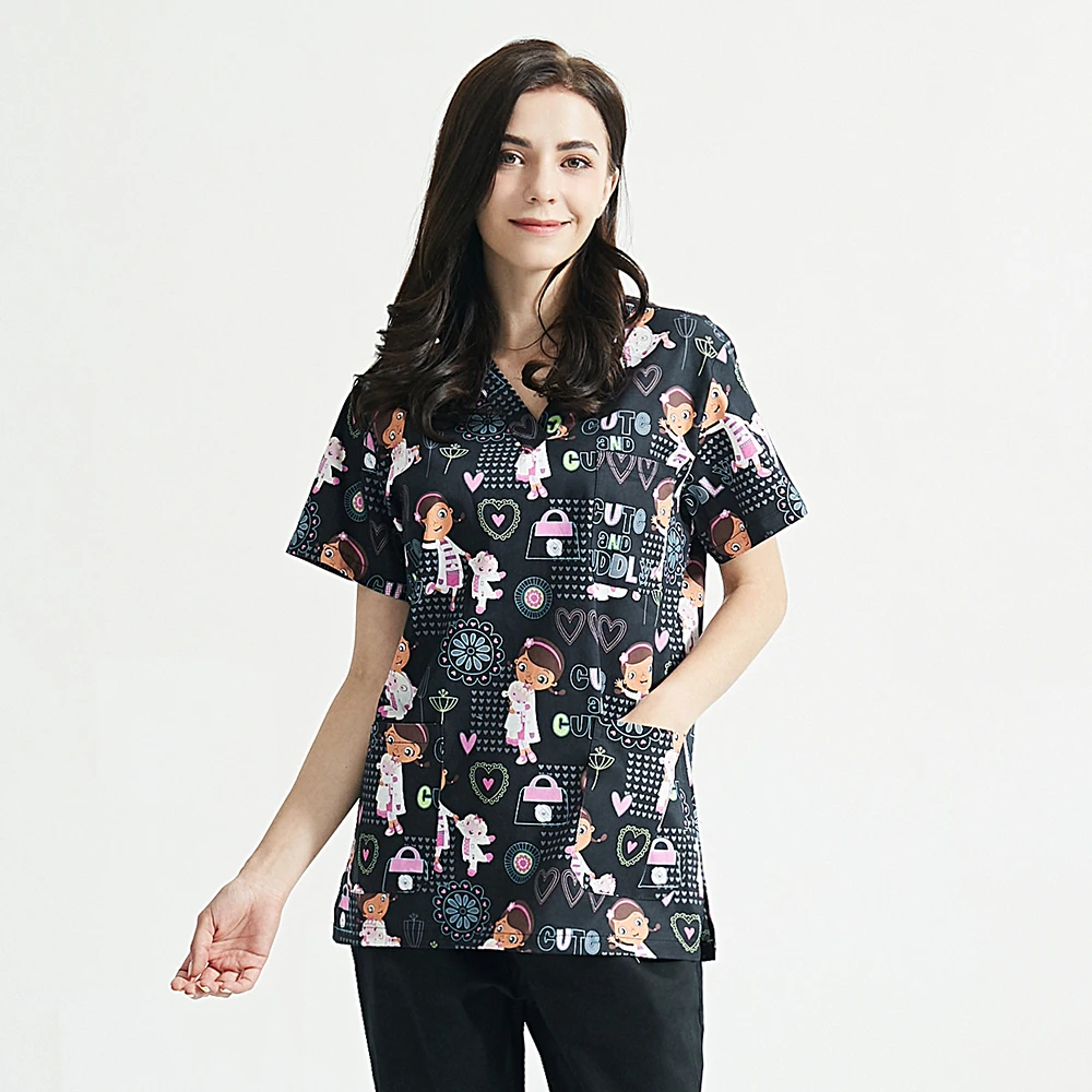 Dentistry Medical Uniforms Cartoon Printing Scrubs Tops Short-sleeved Scrubs Suits V-neck 100% Cotton Lab Working Clothing Sets