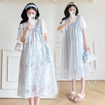 Summer New Chiffon Printing Maternity Dress Faux Two Pieces Knit Short Sleeves Patched Thin Cool Pregnant Women Dresses