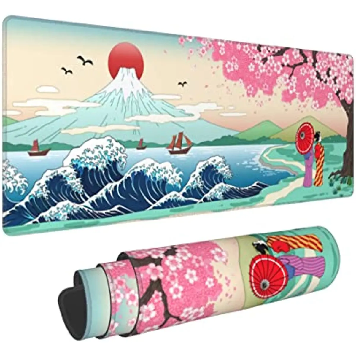 Japanese Wave Cherry Blossom Gaming Mouse Pad XL Large Non Slip Rubber Mousepad Stitched Edges Desk Pad 31.5X11.8