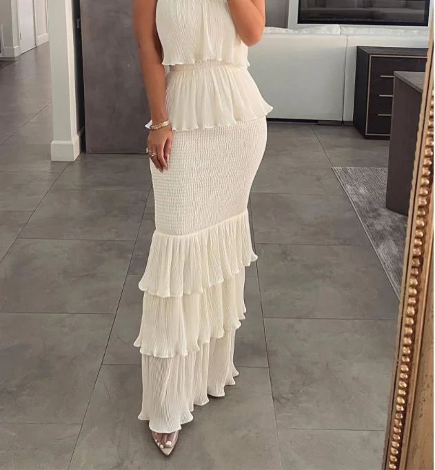 

2023 The new Women Fashion Bandeau Shirred Ruffle Hem Layered Dress