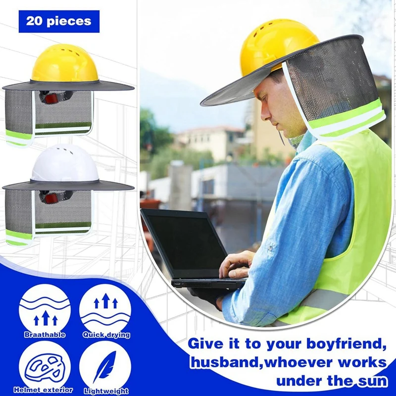 AD33 HOT Hard Hat Sun Shade, High Visibility Sun Visor Neck Shade With Reflective Strip, Full Brim(Hard Hat Not Included) 2 Pack