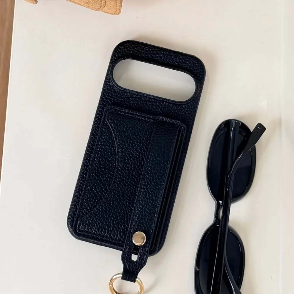 Luxury Matte Leather Wrist Strap Lanyard Wallet Phone Case