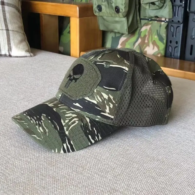 Gorra de béisbol con calavera de camuflaje militar para hombre y mujer, gorro de malla ajustable para senderismo táctico Airsoft, de verano