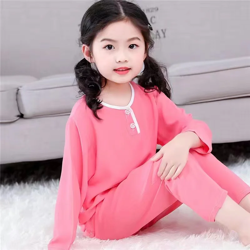 Summer Children's Cotton Silk pajamas Boys And Girls Home Clothes Baby Long-sleeved + Trousers Two-piece Kid's Brethable Suit cute pajama sets	