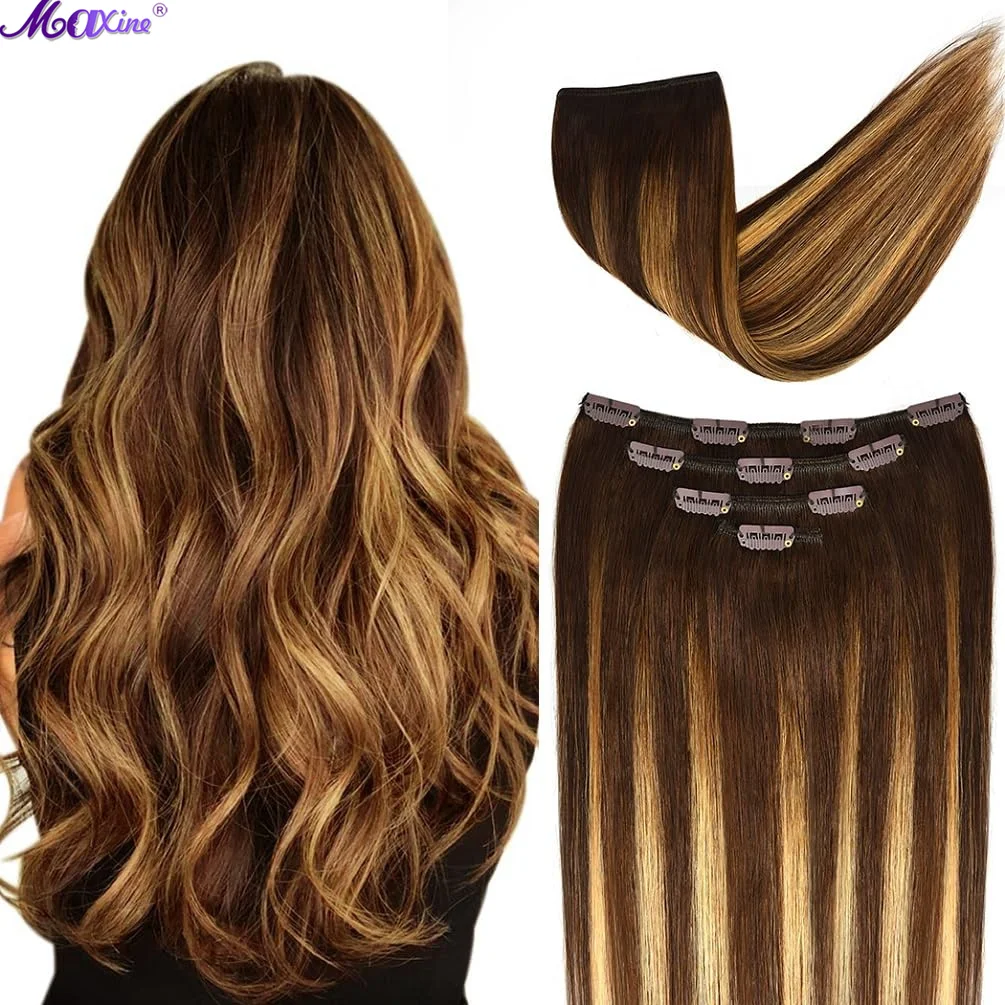 

Clip in Hair Extensions Balayage Human Hair for Women 4pieces Silky Straight Chocolate Brown to Honey Blonde Highlight Brown