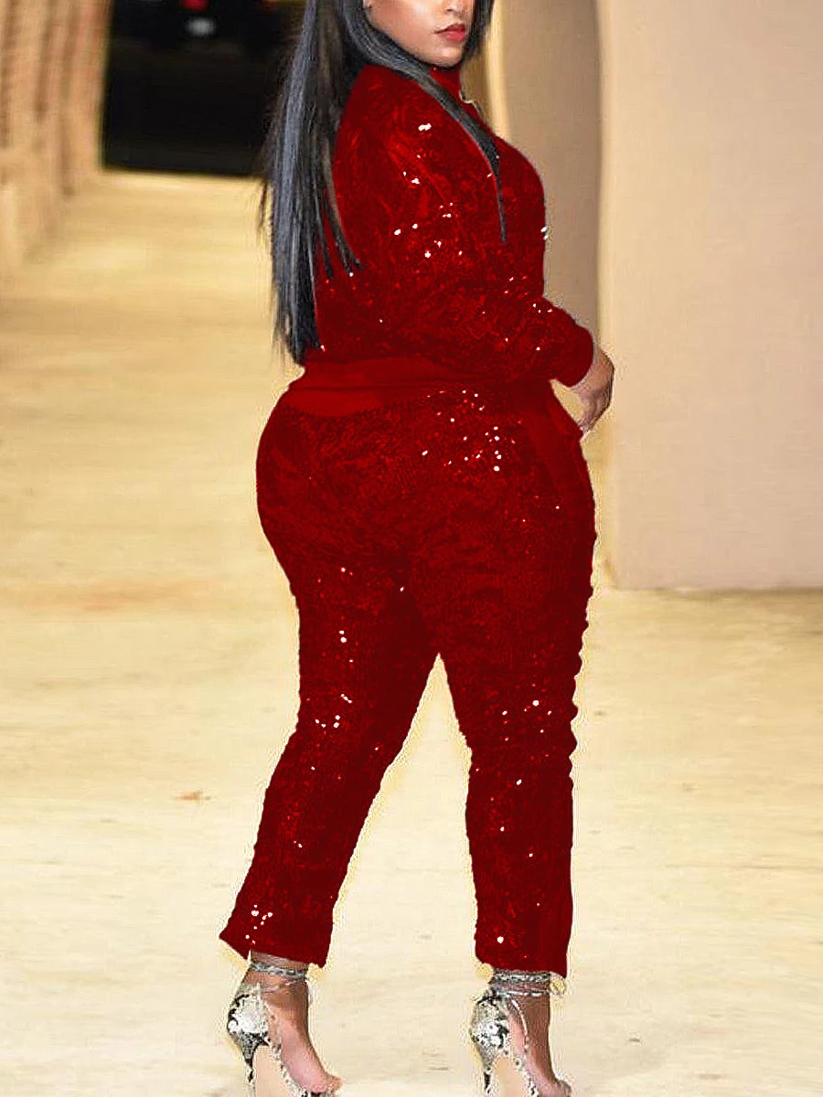 S41d28a11a5aa489b9a98d77673c1d7fcz Plus Size Two Pieces Sets Velvet Sequined Zipper Design top coat Pants Set Fashion party Evening women's matching set Mallzona