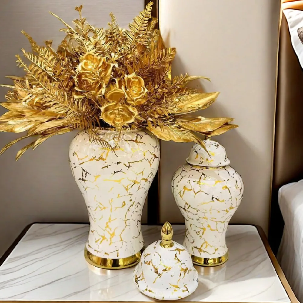 Gold Marble General Jar Porcelain Bottle Ginger Jar Ceramic Storage Tank White Gold Vase Flower Vase Home Decoration Accessories 3