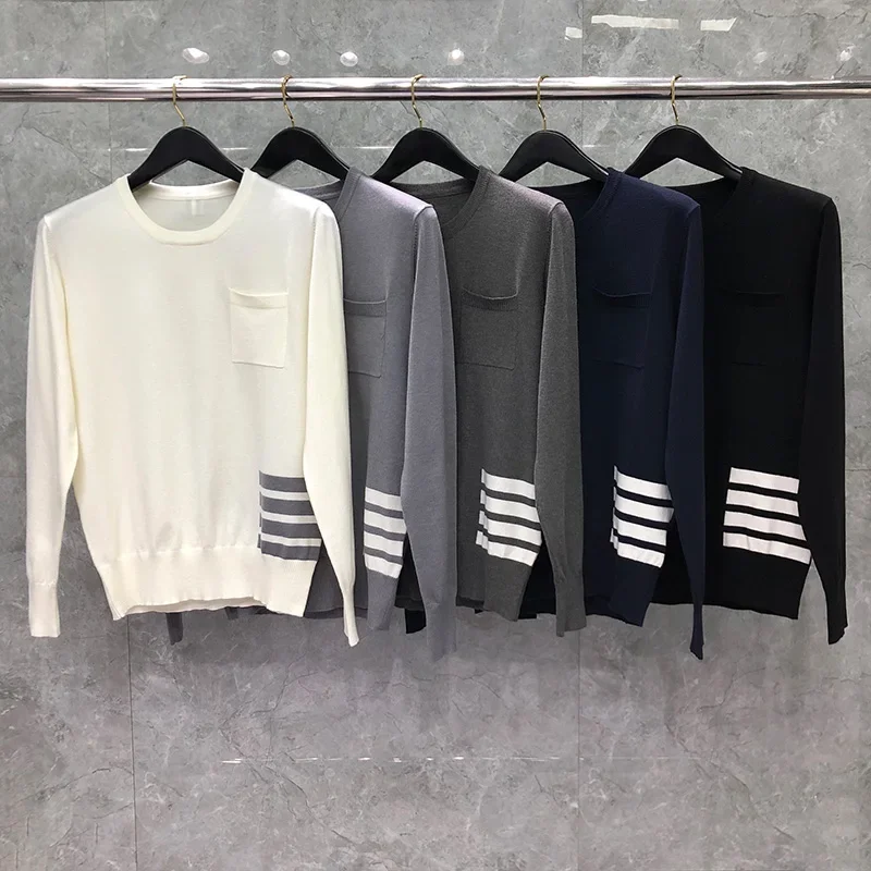 

TB THOM Sweater Spring Autunm Sweaters Male Fashion Brand Classic Cotton Botton Left 4-Bar Stripe CrewNeck Pollover Men's Coats