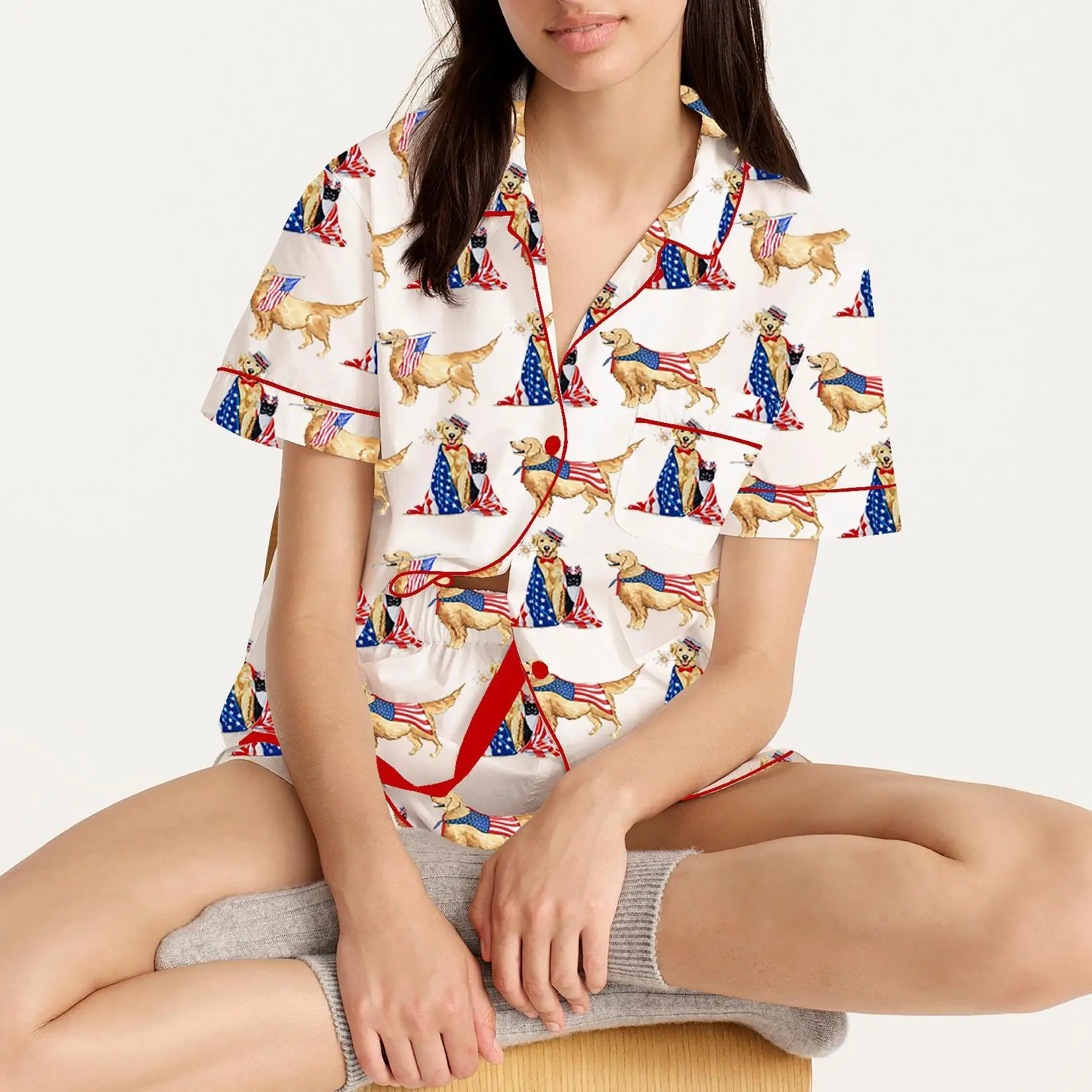 Conjunto de pijama feminino 4 de julho bandeira americana manga curta botão tops shorts de cintura elástica roupa de dormir de 2 peças 2