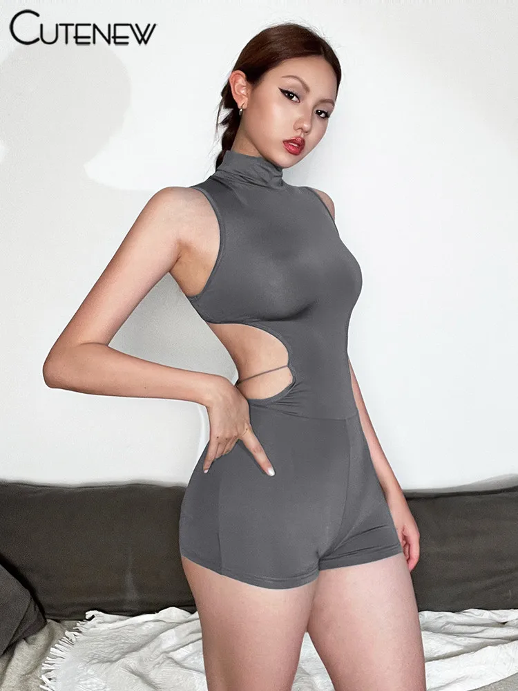 Monos sexys con espalda hueca para mujer, monos sólidos impresionantes sin mangas con cuello alto que moldean el cuerpo, ropa de calle elegante Y2K para mujer
