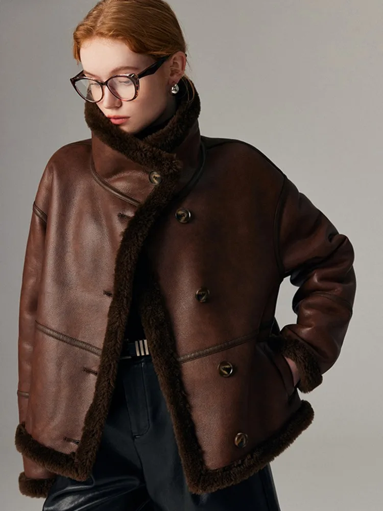 Fashion Women Winter Faux Leather Real Sheep Fur Jacket Thick Warm