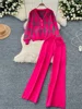 Basics Print Knit Two Pieces Sets Autumn Winter Single Breasted Cardigan+Wide Leg Long Pants Fashion Streetwear Suits 1