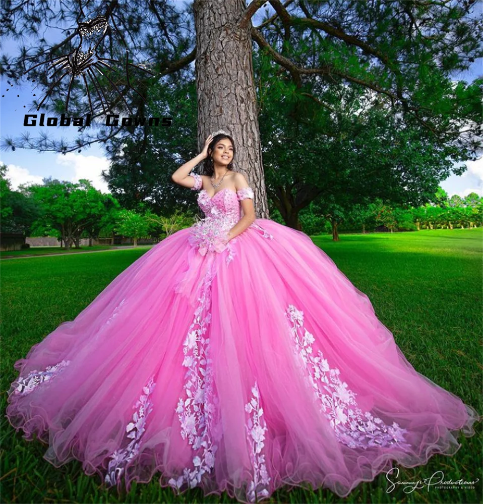 

Princess Pink Off The Shoulder Ball Gowns Quinceanera Dress Beaded Birthday Party Gown Appliques Prom Dresses Vestido De 15 Anos