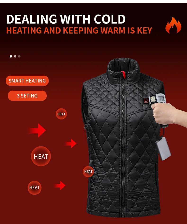 A cold-weather electric heated vest designed to reduce pain and keep warm.