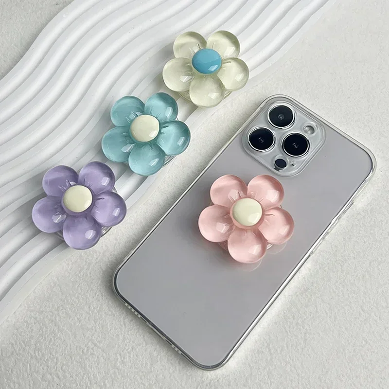 Transparent Resin Candy-Colored Flower Phone Holder Foldable Desktop Stand Cute Floral Retractable Grip for Mobile Devices