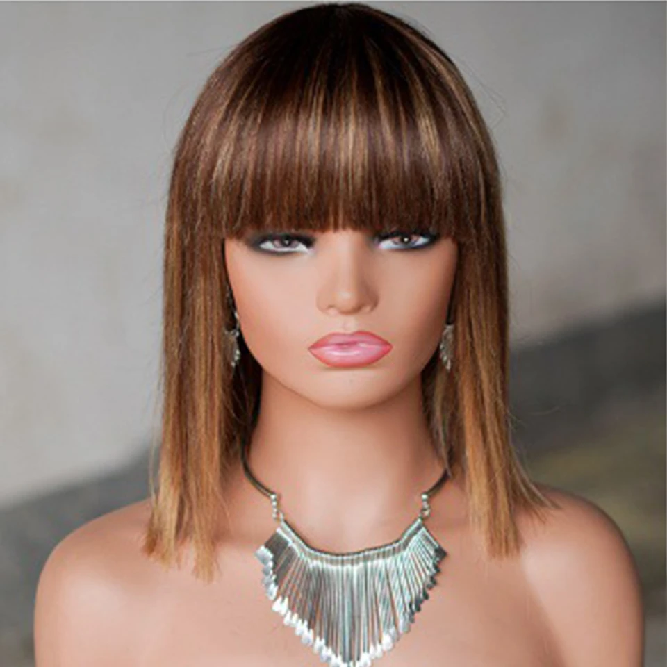 Highlight Brown And Maroon Human Hair Wig Straight Machine Made Wig Human Hair Brazilian Short Bob Wigs (ColorP4/27 )