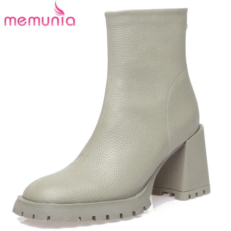 

MEMUNIA 2023 New Concise Genuine Leather Zipper Platform Boots Thick High Heels Ankle Boots Round Toe Ladies Spring Boots