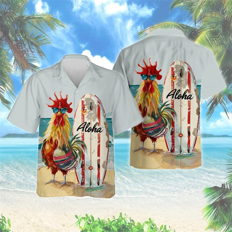 thumbnail image 1 of Camisa hawaiana con estampado 3D de gallo de dibujos animados para hombre, divertidas camisas Aloha con estampado de animales, blusas de calle unisex, blusas con solapa, mangas cortas, 1 of 5