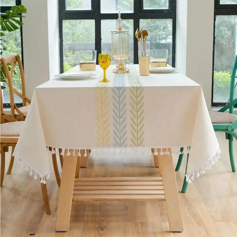 Rustic Coffee Leaves Pattern Waterproof Tablecloth - Cotton Linen Rectangle for Kitchen and Living Room Decor