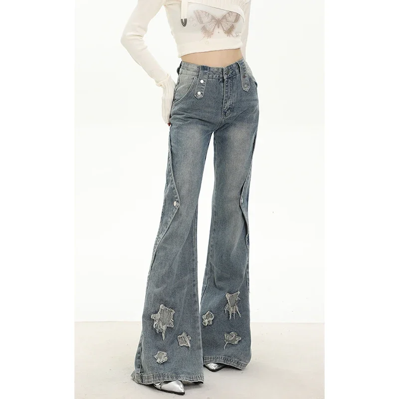 Blue Women Jeans High Street Vintage Straight Pants Streetwear Y2K Embroidery HarajukuFashion Female Wide Leg Denim Trouser