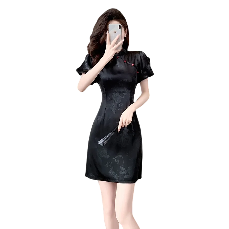 하이 엔드 느낌 슬리밍 자른 중국어 드레스 여름 2024 여성을위한 새로운 스타일 허리 장착 연령 감소 짧은 소매 드레스
