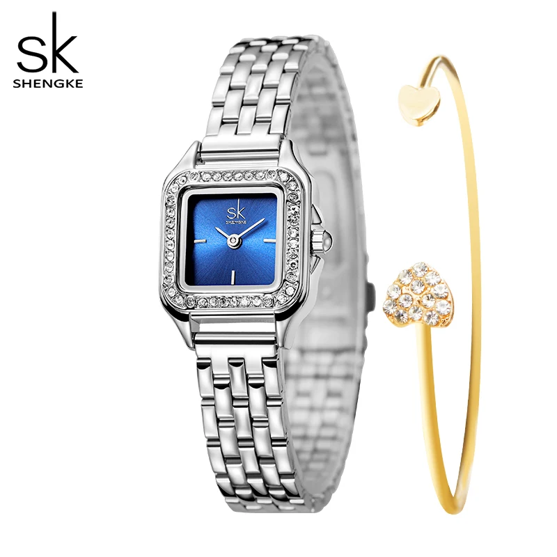 SHENGKE Elegant Silver Stainless Steel Women Watches Fashion Small Dial Square Woman's Quartz
