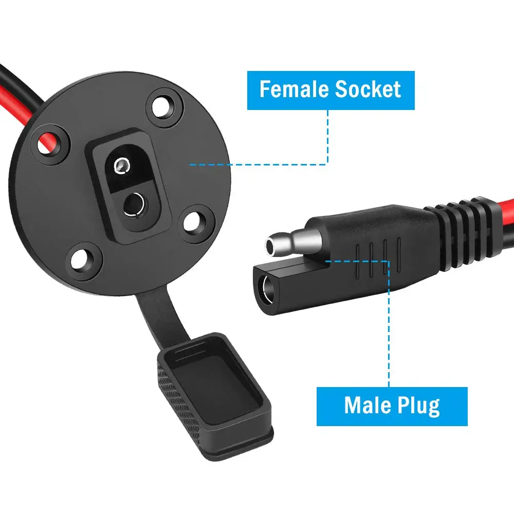 SAE Connector Cable Connector Harness Cable SAE Power Socket Sidewall Port Weatherproof SAE Quick Connect Solar Panel Mount Universal Flush-Mountable Connector 12AWG