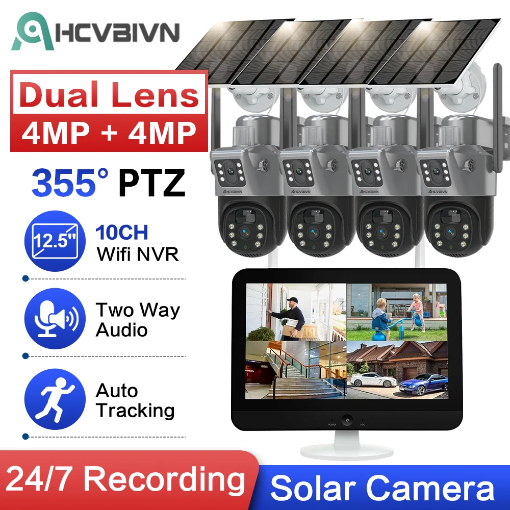 

8MP WIFI Video Surveillance Solar Cameras System CCTV Wireless Security Dual Lens IP Two Way Audio Waterproof PTZ 10CH NVR Kit