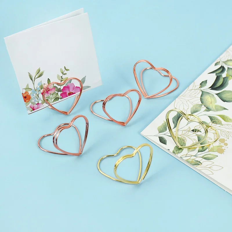 Double Heart Shape Metal Place Card Holders Table Placecard Holder Photo Clip Card Stand Wedding Banquet Heart Message 30pcs
