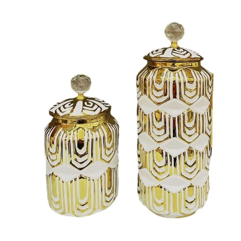 Ceramic Checkmate Jar Storage Jar Gold Stripe Storage Tank Flower Vase Airtight Tank Home Decoration Accessories 6