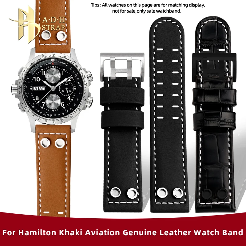 

Vintage Rivet GenuineLeather Watch Strap For Hamilton Khaki Aviation H77616533/H77796535/H77696793 Cowide Band 22 24mm Bracelet