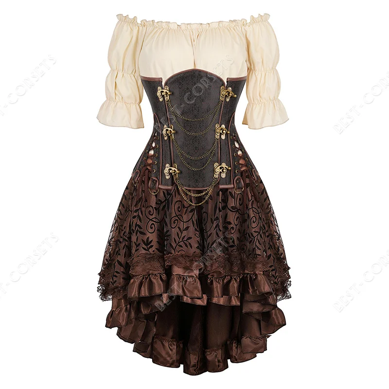 SHOPESSA Disfraz medieval con conjunto de corsé, corsé de botón a presión,  disfraz medieval para mujer, talla grande, ropa punk de vapor, vestido para