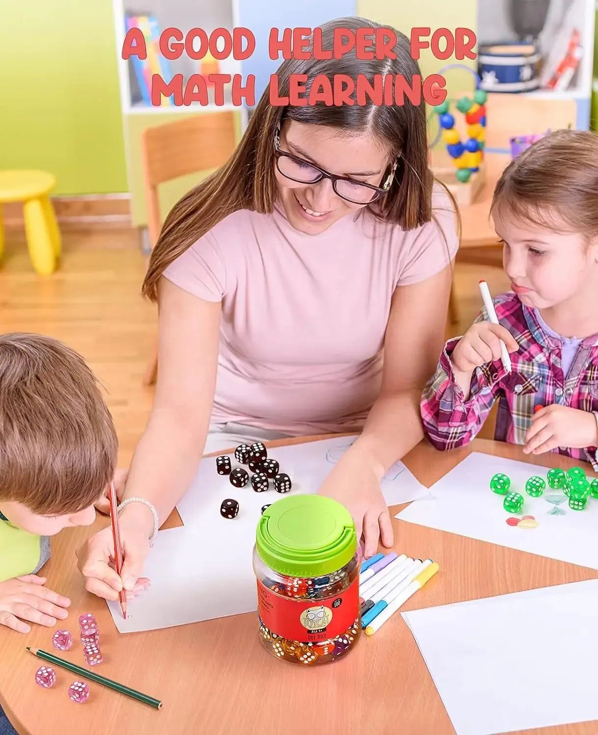 Board Games Math Toys Educational Toys 100 16mm 6 Sided Dice Set for Board Games Math Dice for Classroom with Storage Bucket 10 Colors