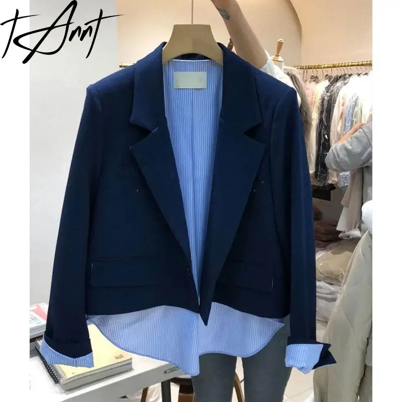 

Tannt Women Blazer Color Matching Asymmetry Fake Two Blue Suit Coats Irregular Vintage Stripes Patchwork Woman Jacket Coats 2023