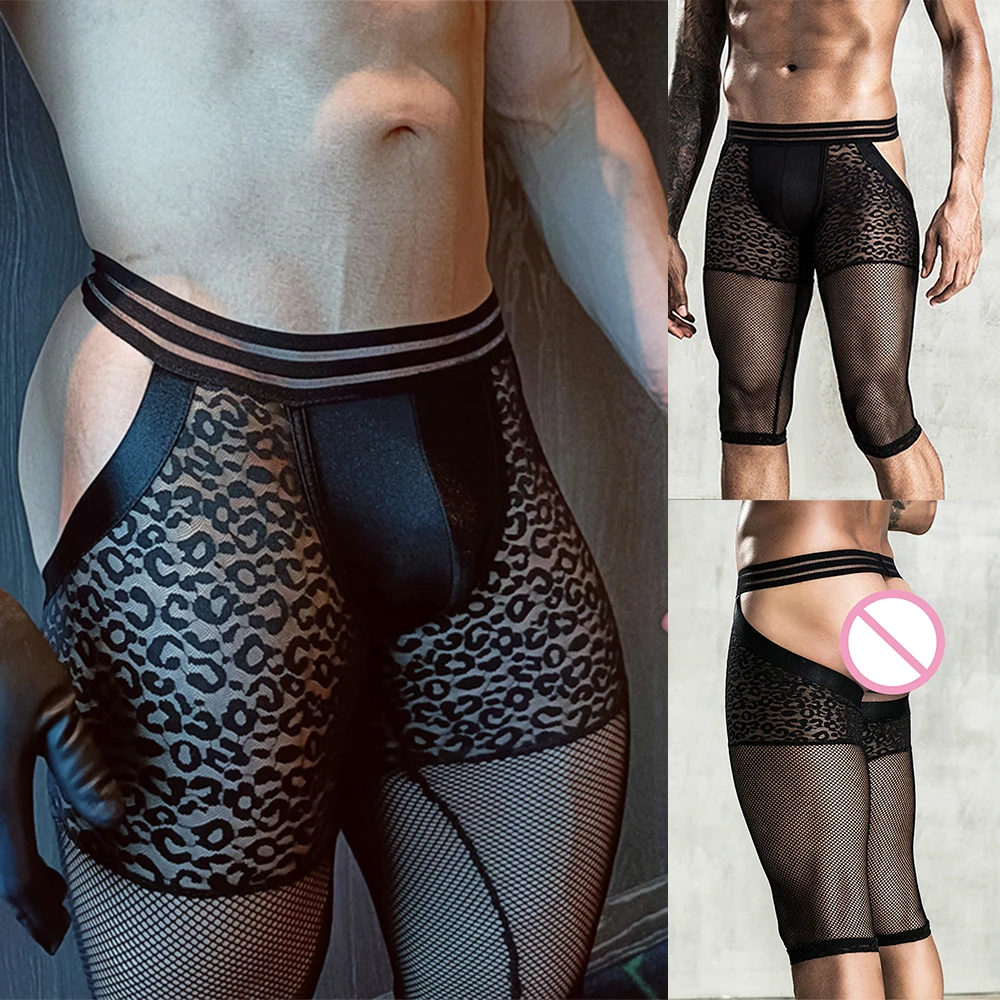Cosplay Underpants Men's See-Through Mesh Open Butt Boxer Shorts Bulge Pouch Leopard Underwear Stretch Long Boxershorts