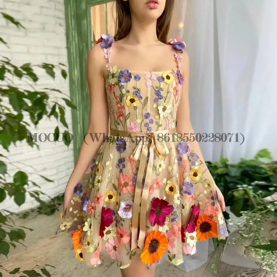 

Champagne 3D Flowers Tulle Prom Dress Pastoral Homecoming Square Collar A Line Evening Party Gown Mini Robes Se Soirée