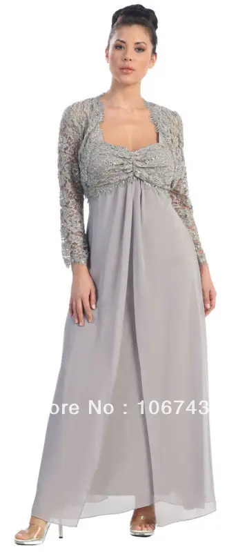

free shipping 2016 PLUS SIZE vestidos formales long sleeve chiffon bridal gown Mother of the Bride Dresses with lace jacket