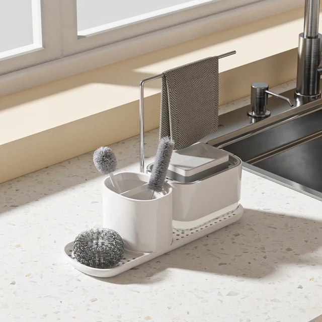 ที่วางสบู่และฟองน้ำอเนกประสงค์สำหรับอ่างล้างจานในครัวและห้องน้ำ พร้อมที่จ่ายสบู่และอุปกรณ์จัดเก็บสำหรับใช้ในบ้าน 1