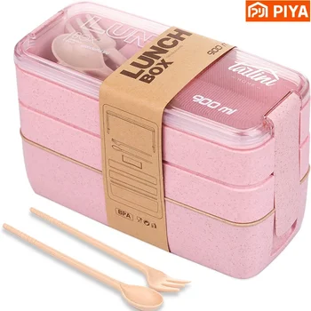 Boîte à Bento en paille de blé à compartiment 3 en 1, vaisselle réutilisable, conteneurs à déjeuner, conteneurs de repas et de collations, boîte à déjeuner Portable 1