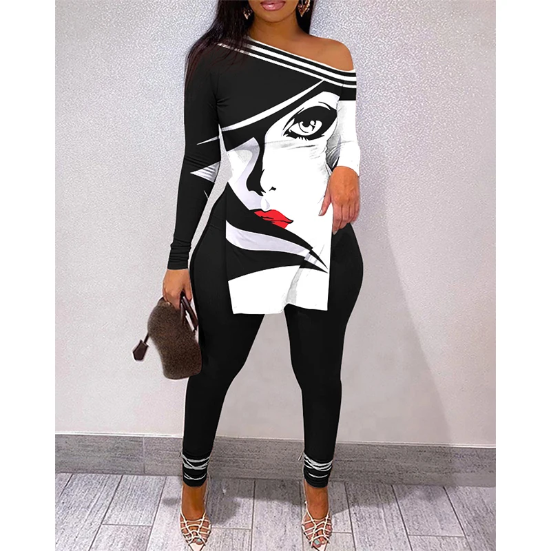 

2022 Women Sexy Daily Wear Figure Print Split Hem Long Sleeve Top & Pants Set Autumn Bodycon Party Suit Two Pieces Outfits