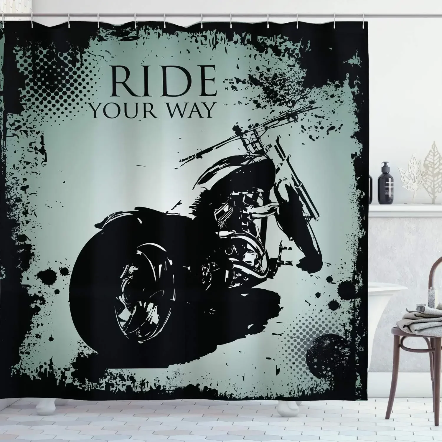Motorcycle Shower Curtain Horsepower Adventurous Journey Freedom Ride Masculine Vehicle Bathroom Curtains Decor Set with Hooks 5
