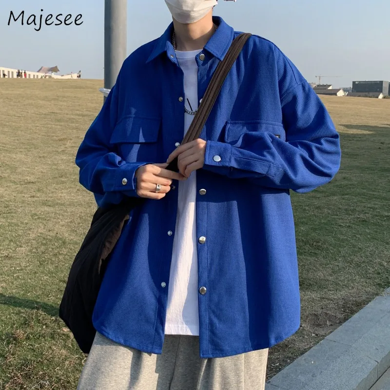 

Long Sleeve Shirts for Men Clothing Teens Streetwear BF All-match Students Waffle Casual Outwear Male Camisas De Hombre Chic