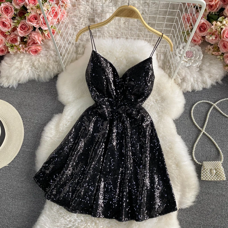 slim fit dress slacks Black Glitter Mesh Pattern V-Neck Bodycon Mini Dress main image 1