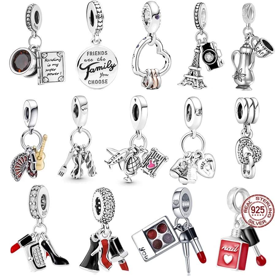

NEW Coffee Cup High Heels & Lipstick Dangle Charm Beads Fit Original Pandora Bracelet 925 Sterling Silver DIY Women Jewelry Gift