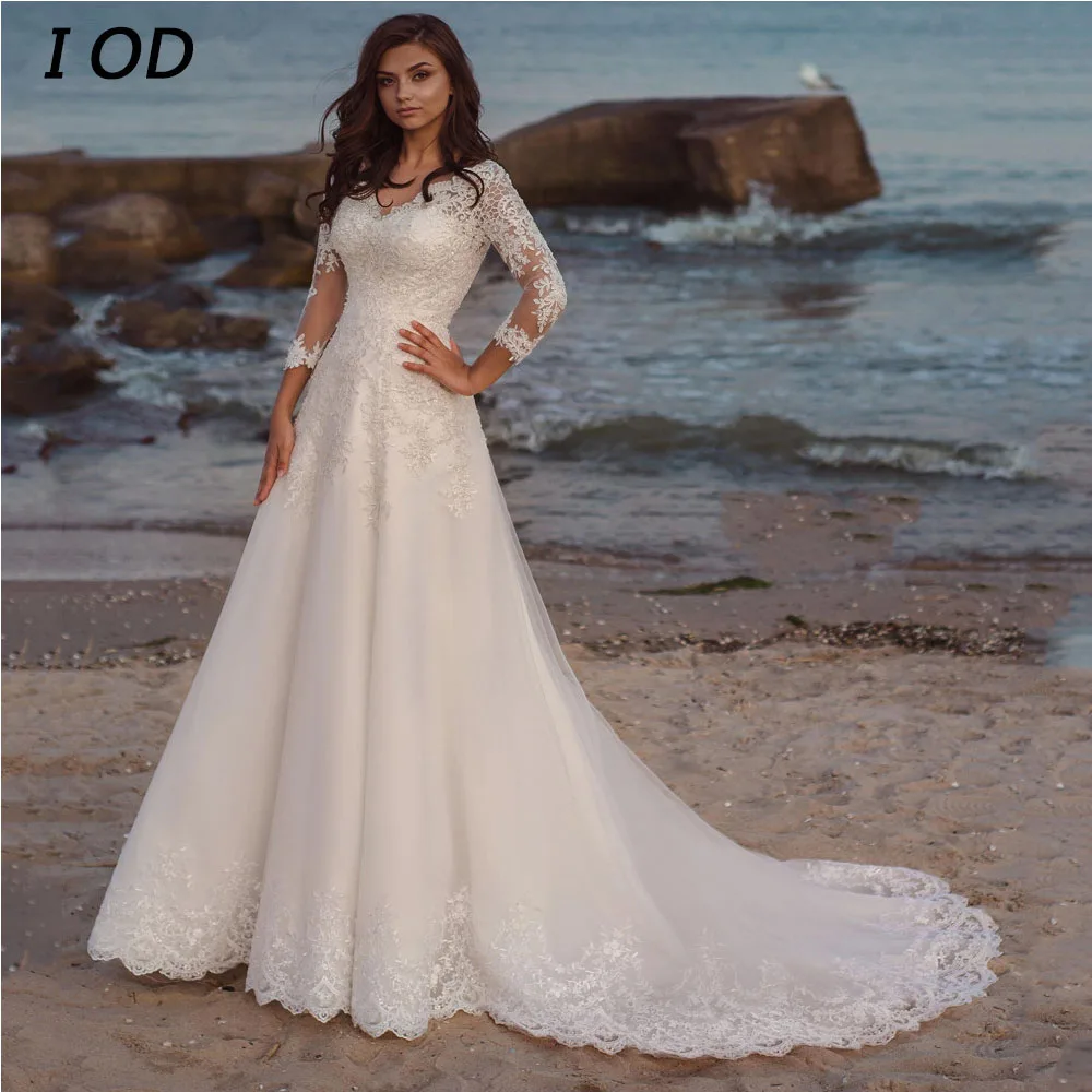 

I OD Elegant Princess Tulle Wedding Dress V-Neck Long Sleeves Lace Appliques Illusion Button Bridal Gown Vestidos De Novia New