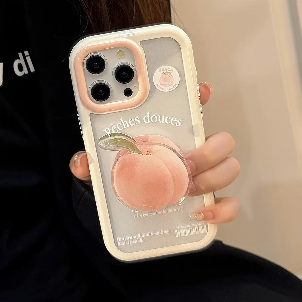 Korean Cartoon Green Apple Peach Magnetic Phone Case - Clear Shockproof Cover