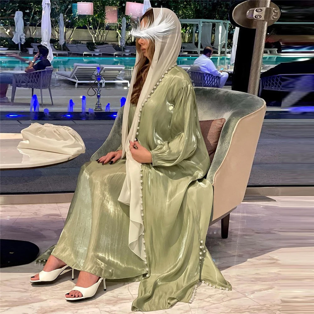 Morocco Caftan Muslim Abaya Women Dress 2 Piece Set Abayas Gowns Dubai Arabic Shiny Satin Kimono Cardigan Robe Outwear Spring