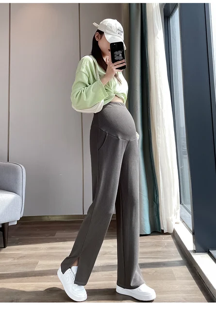 Summer Maternity Belly Trousers Solid Color Side Split High Waist