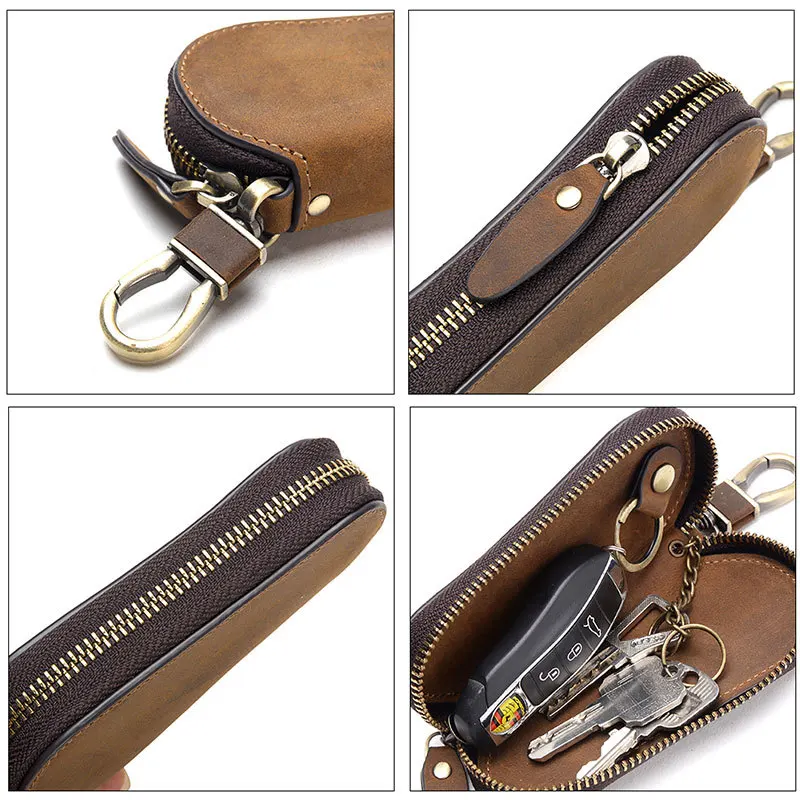 Retro Crazy Horse Leather Car Keycase,Convenient Multi Functional Leather Keycase, Hook Zero Wallet Storage Bag Festival Gifts