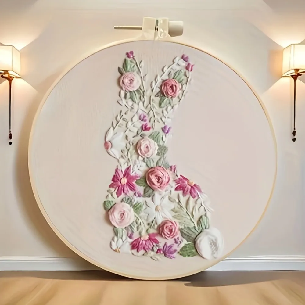Cross Stitch Kit Chinese New Year Rabbit Flower Embroidery DIY Kit-Cotton and plastic creative handmade material set for seasonal decoration